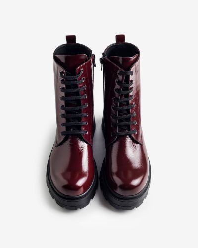 moustakis burgundy patent leather biker boots