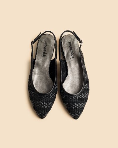 moustakis μαύρες δερμάτινες πλεκτές μπαλαρίνες slingback