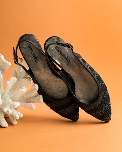 moustakis μαύρες δερμάτινες πλεκτές μπαλαρίνες slingback