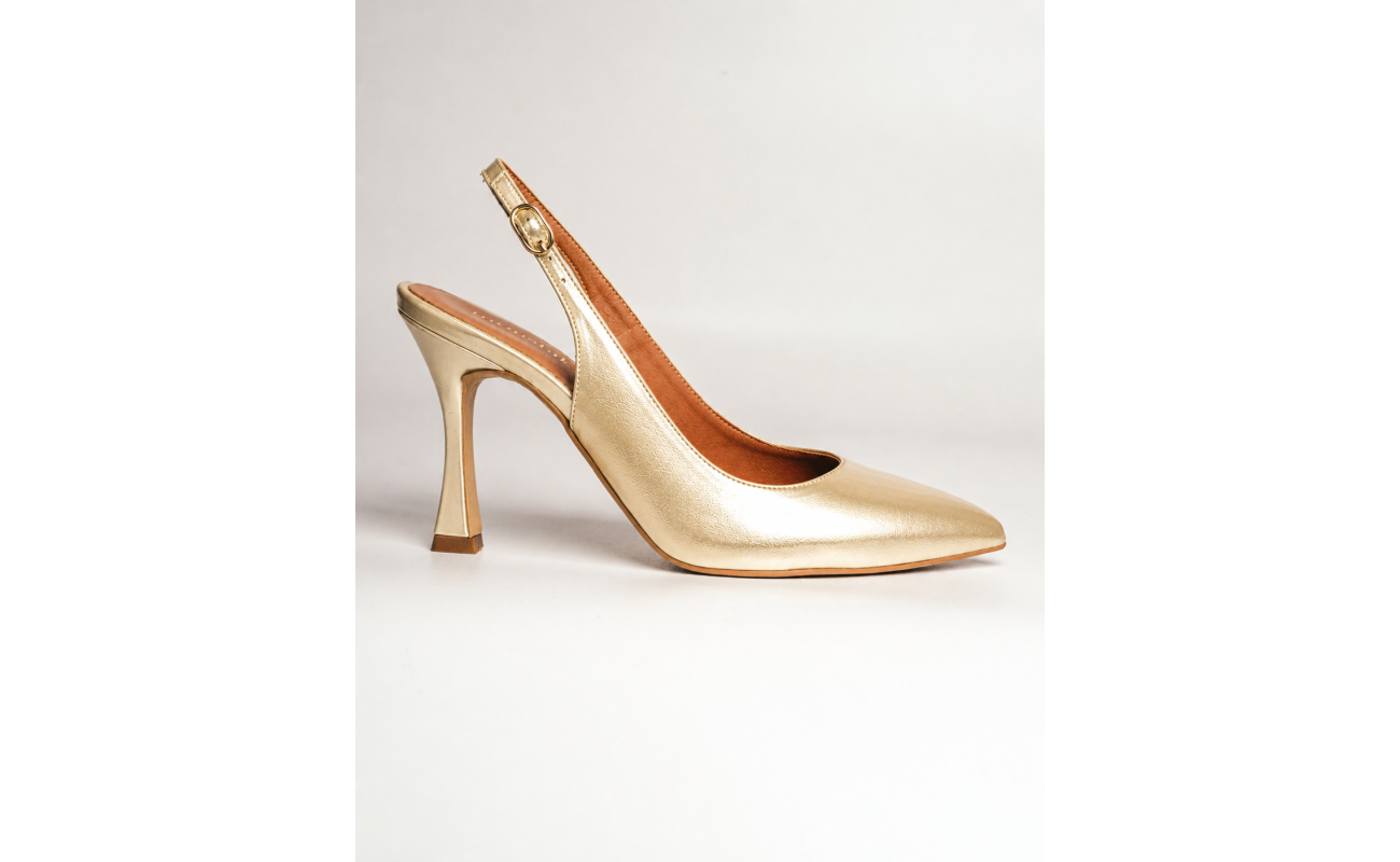 moustakis χρυσές δερμάτινες μυτερές γόβες slingback