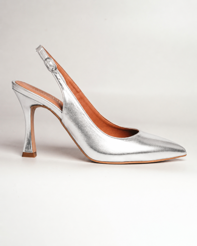 moustakis ασημί δέρμα μυτερές γόβες slingback